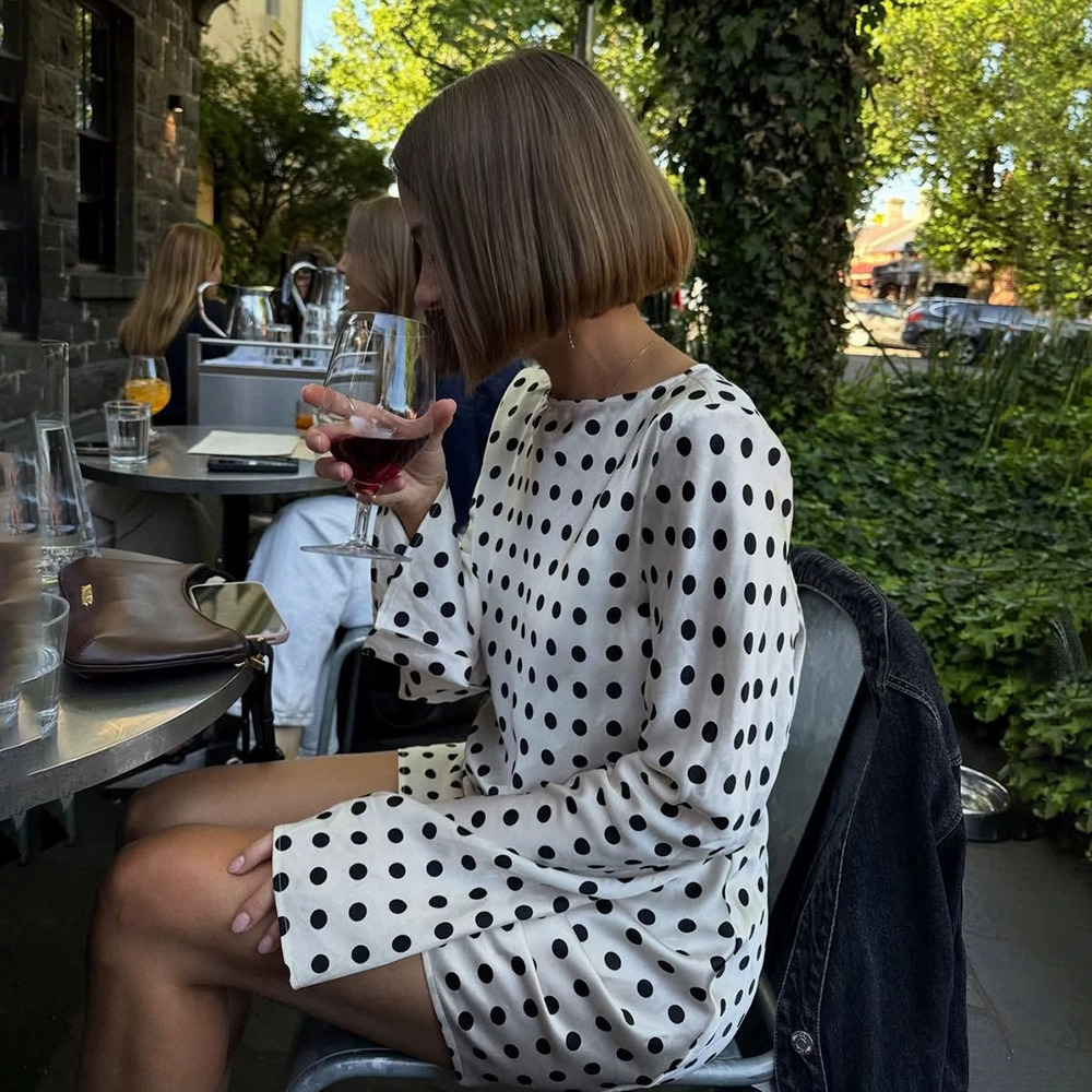 ZARA Polka Dot Satin Round Neck Flared Long Sleeve Short Dress